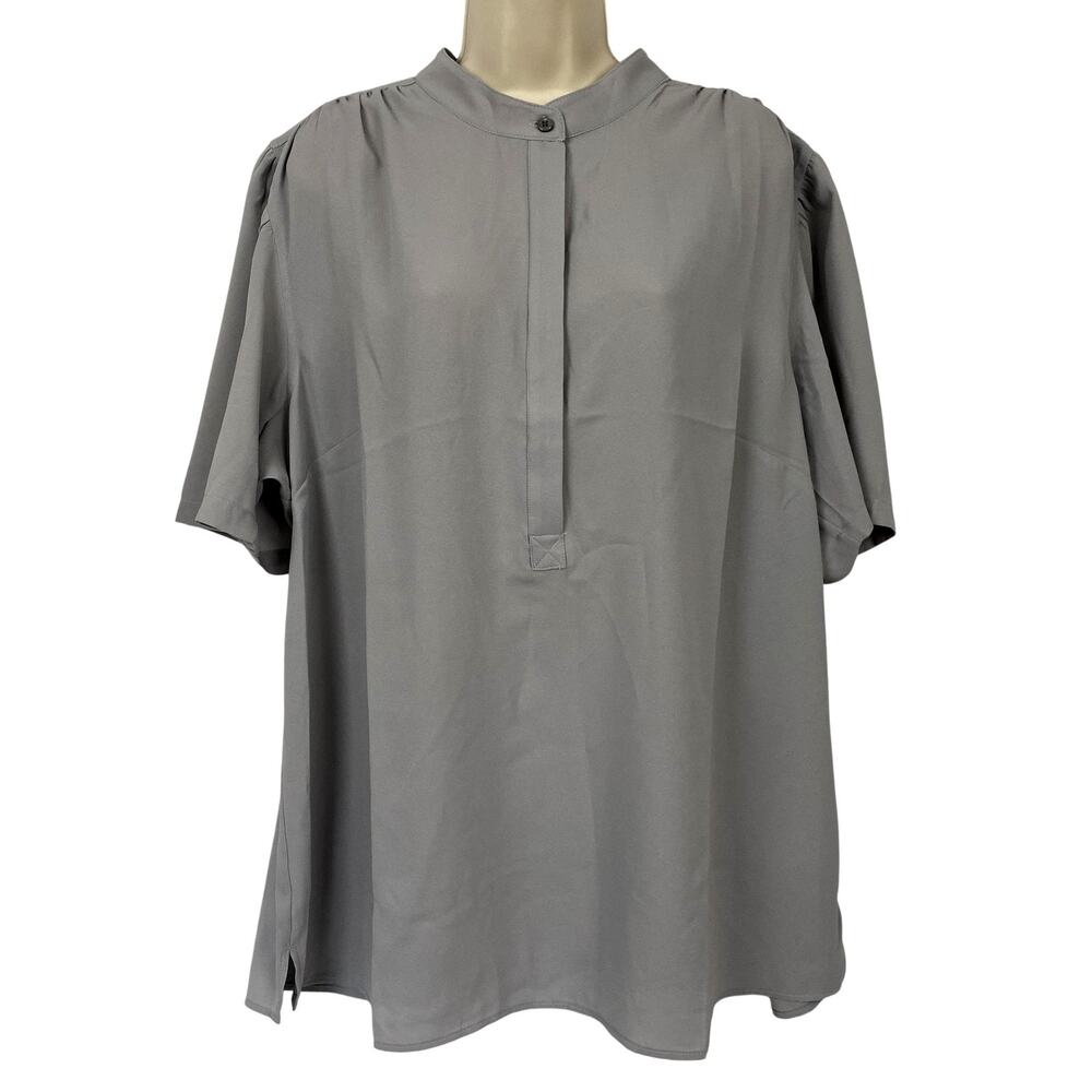 Lands End Blouse Womens 18W Gray Crepe Mandarin Collar Popover Top Career Casual